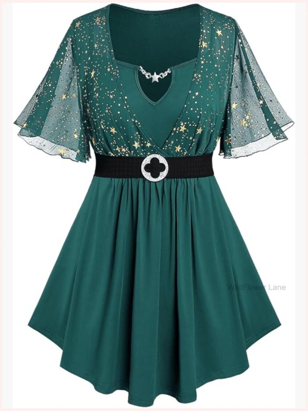 Plus Size Sparkly Star Print Butterfly Sleeve Blouse with Belt
